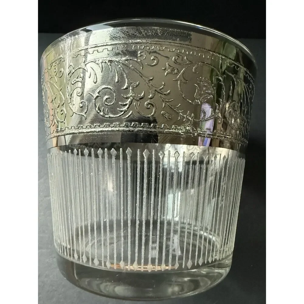 Vintage Starlyte (6) Glasses (1) Ice Bucket Set Clear Silver Rim Band Retro MCM